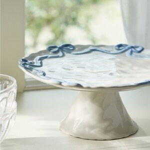 Anthropologie Benedita Bow Stoneware Cake Stand | Glossy Blue | NIB